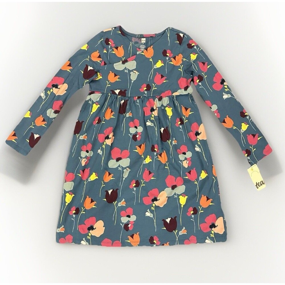 Tea Collection Girls Size 10 Dress Long Sleeve Blue Floral Cotton German Tulip